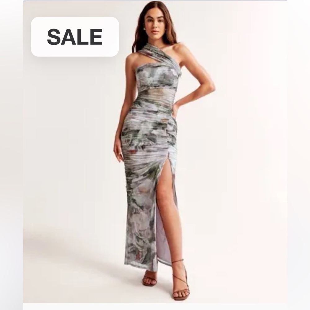 Abercrombie & Fitch Mesh Asymmetrical Off-The-Shoulder Draped Maxi Dress Floral